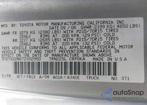 2007 Toyota Tacoma z USA, uszkodzony, nr VIN 5TETX22N07Z332950